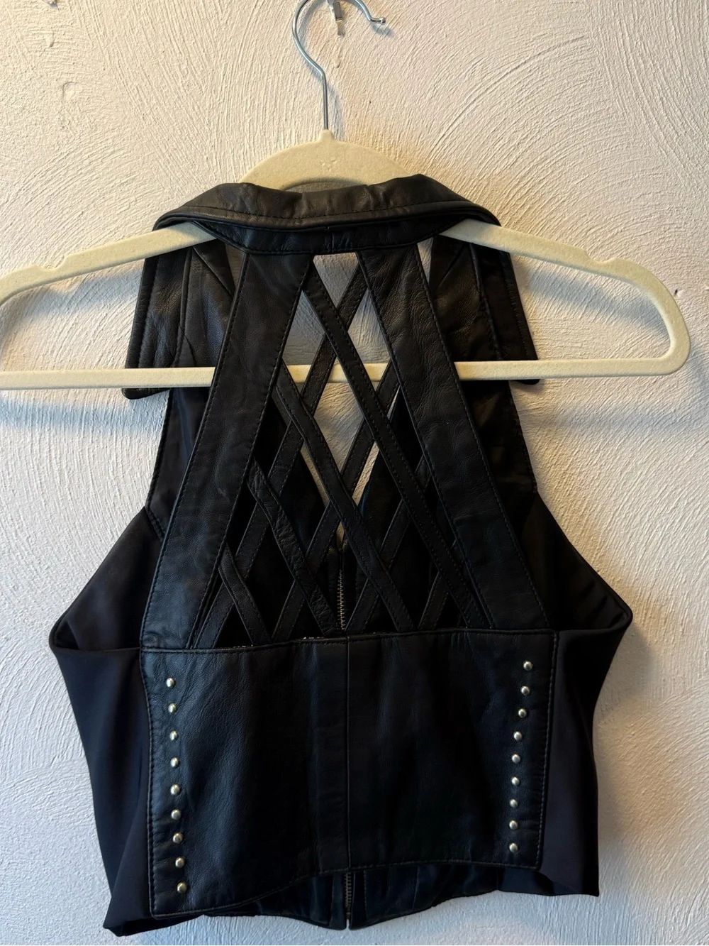 Vintage Faux Leather Studded Halter Moto Crop Vest Black Medium Goth